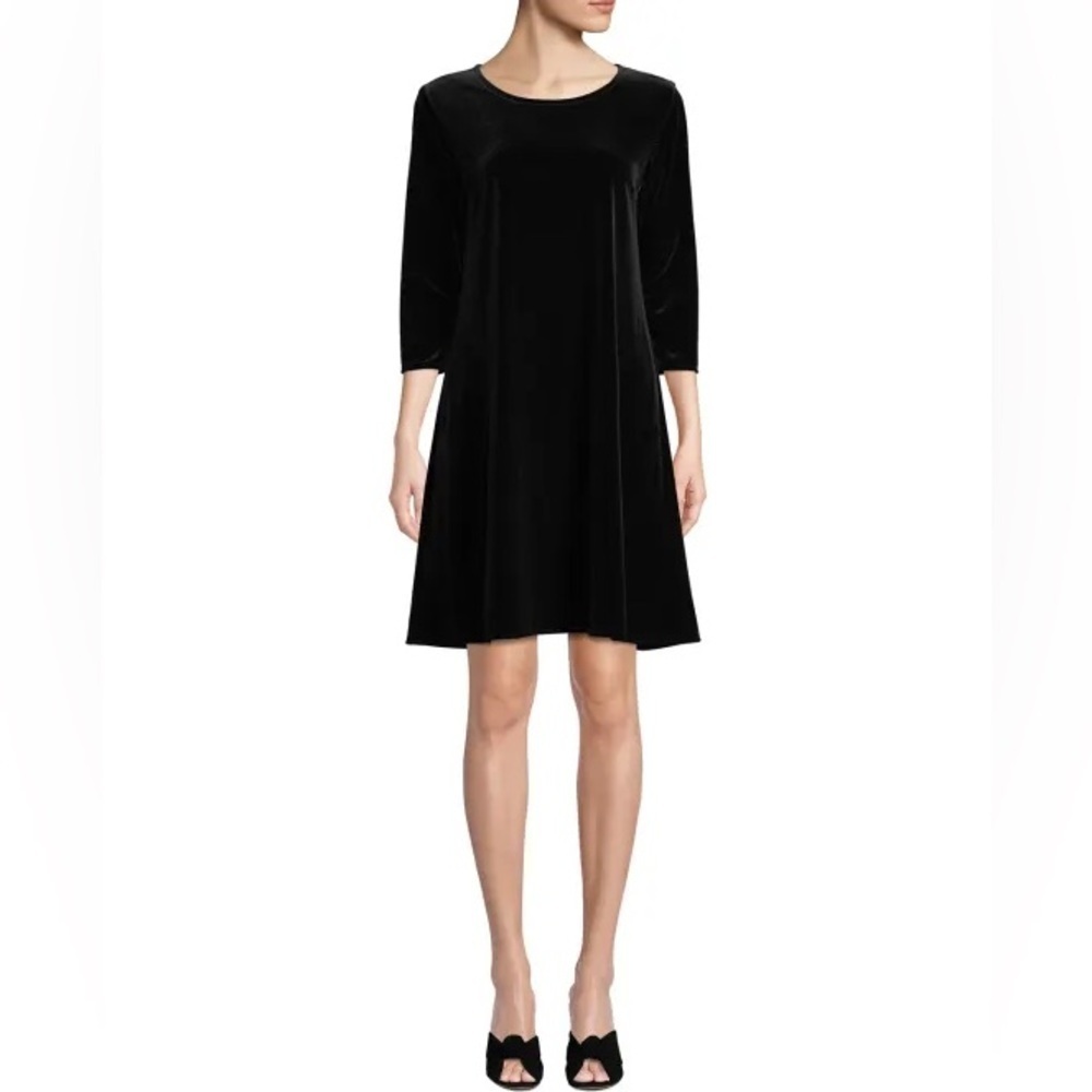 Caroline Rose Black Velvet Shift Dress A-Line 3/4 Sleeves Excellent Size M